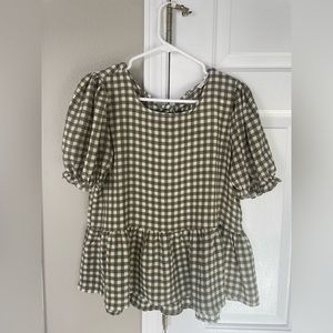 Work For You Olive Green Gingham Top With Bow On Back